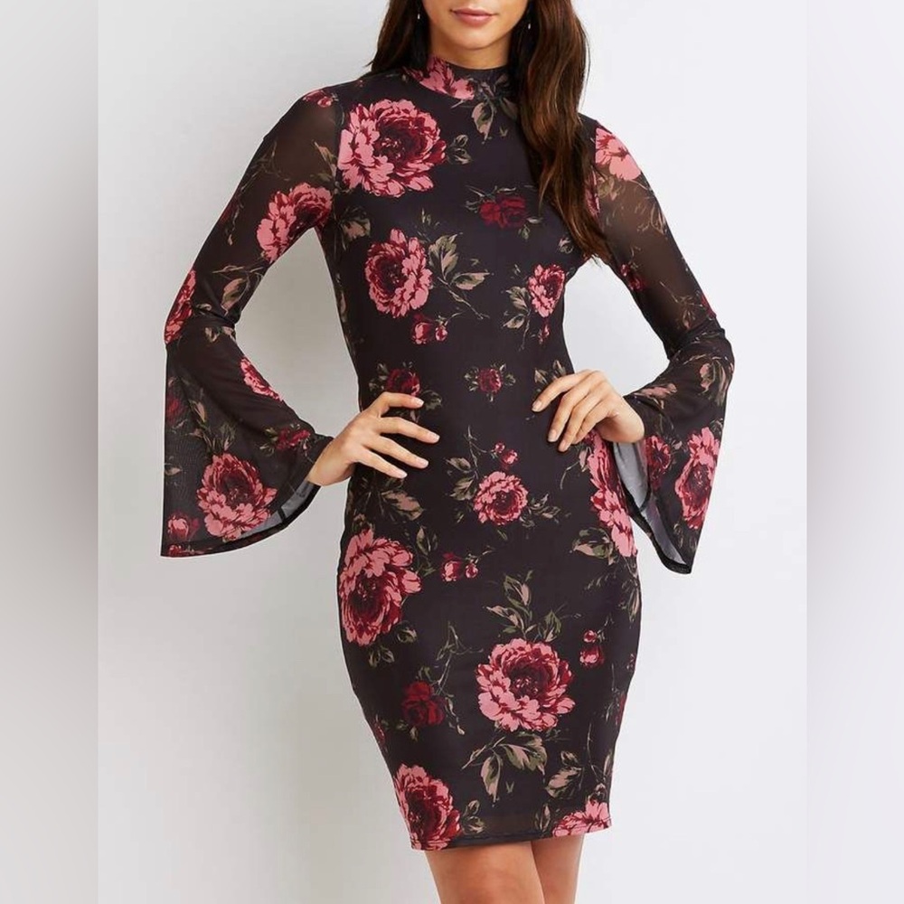 Charlotte Russe body-con dress black pink flowers size L